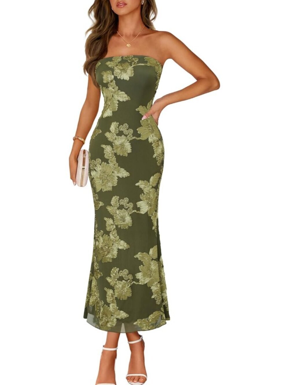 Women's Floral Strapless Maxi Dress Army Green Summer Mesh Bodycon Formal Dress